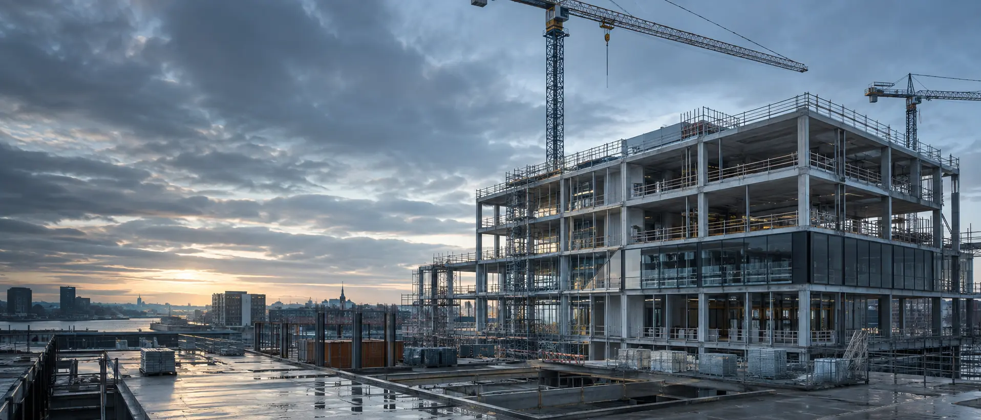 Moderner Gewerbebau im Bau mit Kränen